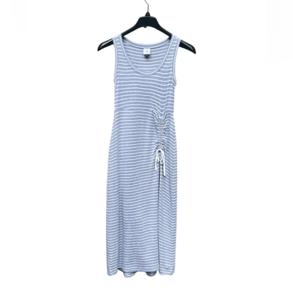 CAbi Stripe Easy Women’s XS Gray White Cinch Waist Maxi Dress Long Beach